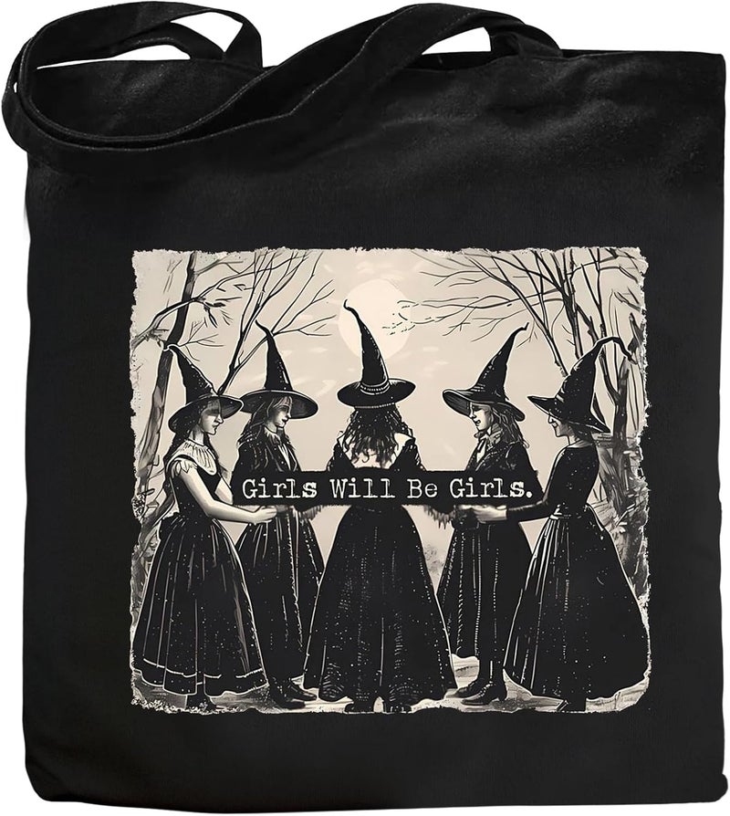 Kimoli Aesthetic Witchy Canvas Tote Bag for Women Funny Witchy Gifts for Women Cute Girls Will Be Girls Canvas Bag Spooky Reusable Beach Shoulder Grocery Casual Bag for Work Travel, Black - Image 1
